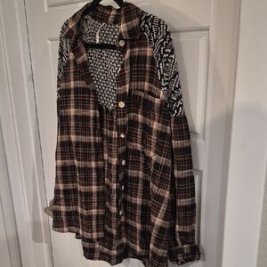 Free People Black & White Textured Knit Top with Brown Plaid Trim
